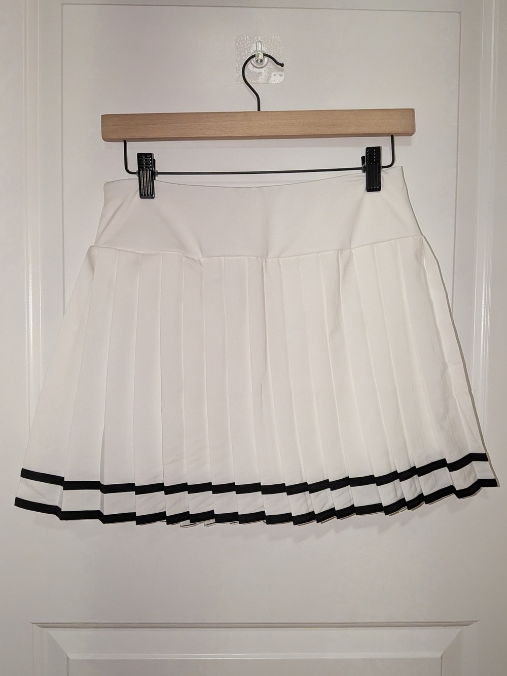White Pleated Skater Skirt with Black Hem Stripes - Picture 2 of 4